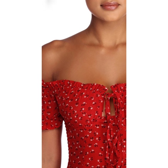 Red Floral Large Off The Shoulder Red Mini Dress - Picture 2 of 15
